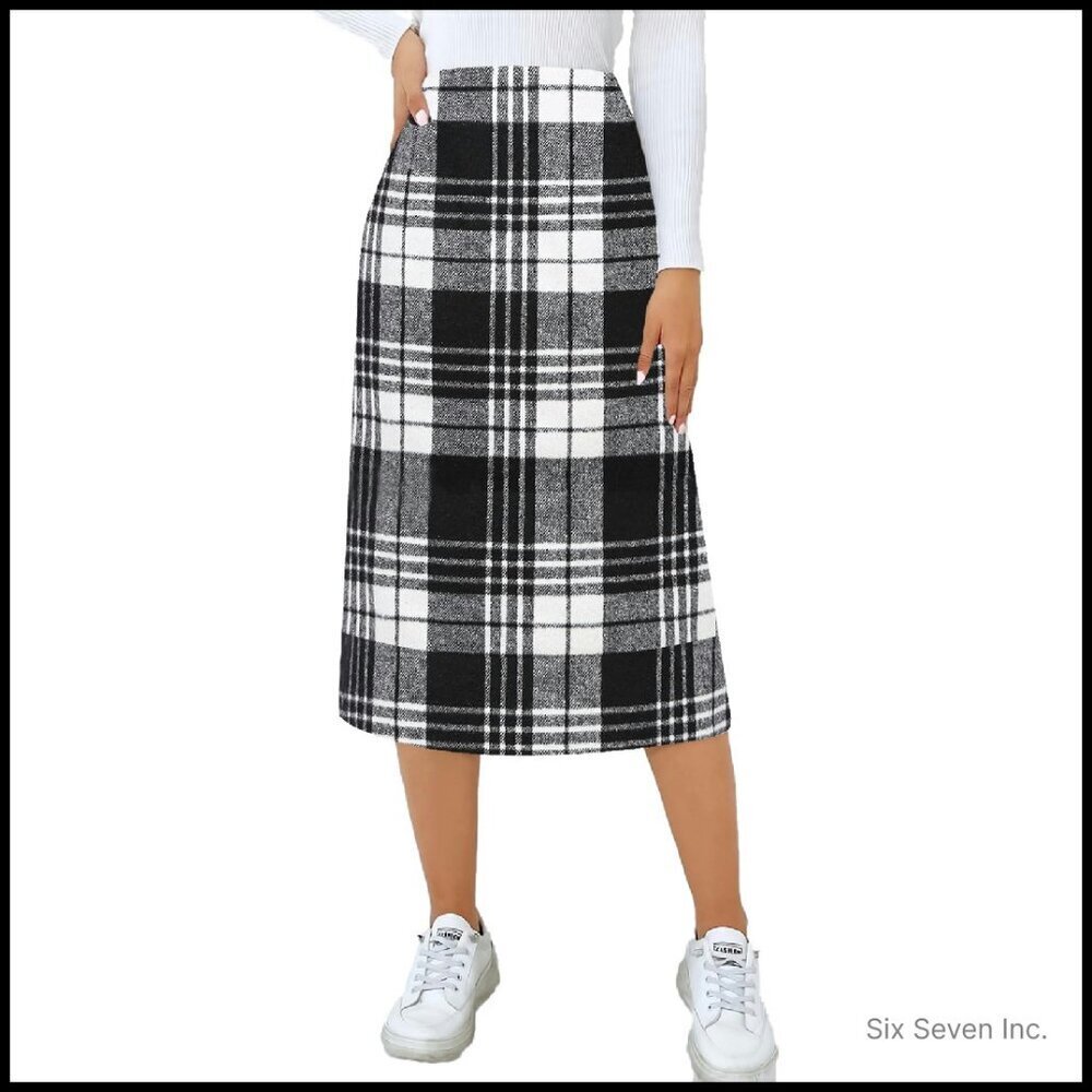 Plaid Wool Skirt High Waisted A-Line Midi Pencil Classic Elegant Fall Winter
